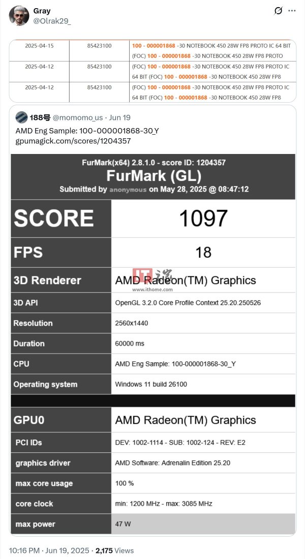 美港通证券 AMD \＂450\＂ 处理器核显 FurMark 分曝光，与 Radeon 780M 大致相当